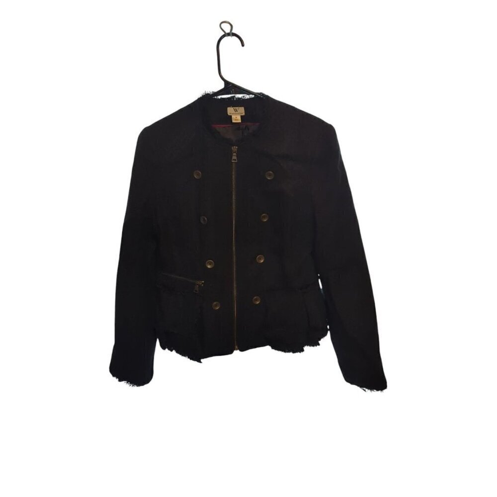 Worthington Black Tweed Zip Up Ruffled Peplum Jacket Women's Size Medium